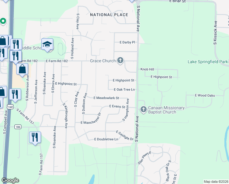 map of restaurants, bars, coffee shops, grocery stores, and more near 1044 East Oak Tree Lane in Springfield