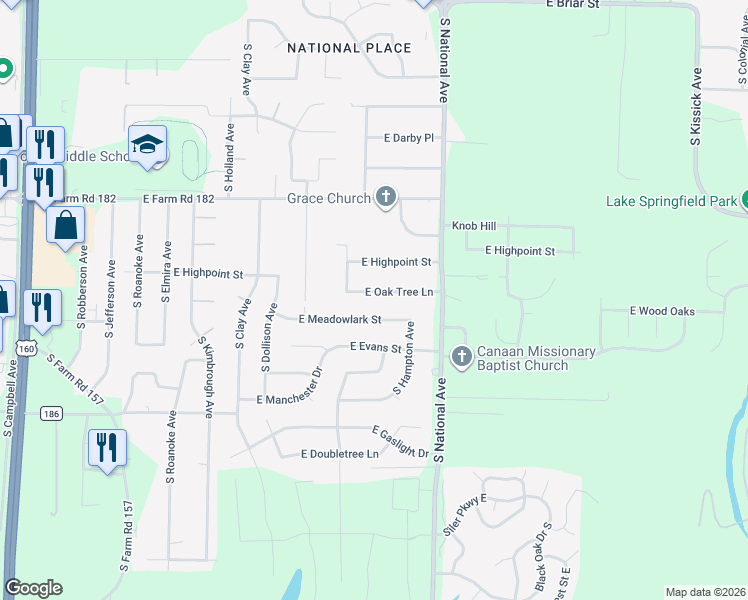 map of restaurants, bars, coffee shops, grocery stores, and more near 1044 East Oak Tree Lane in Springfield