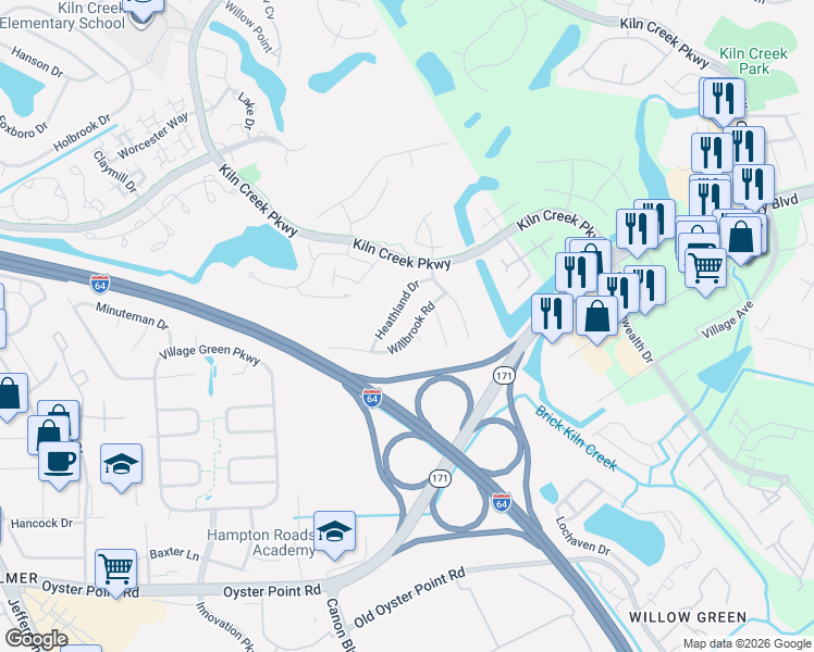 map of restaurants, bars, coffee shops, grocery stores, and more near 944 Willbrook Road in Newport News