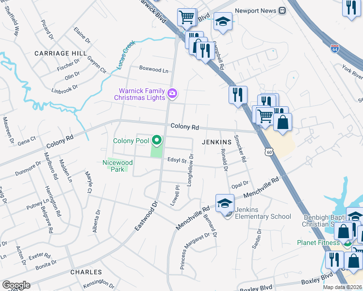 map of restaurants, bars, coffee shops, grocery stores, and more near 149 Hawthorne Drive in Newport News