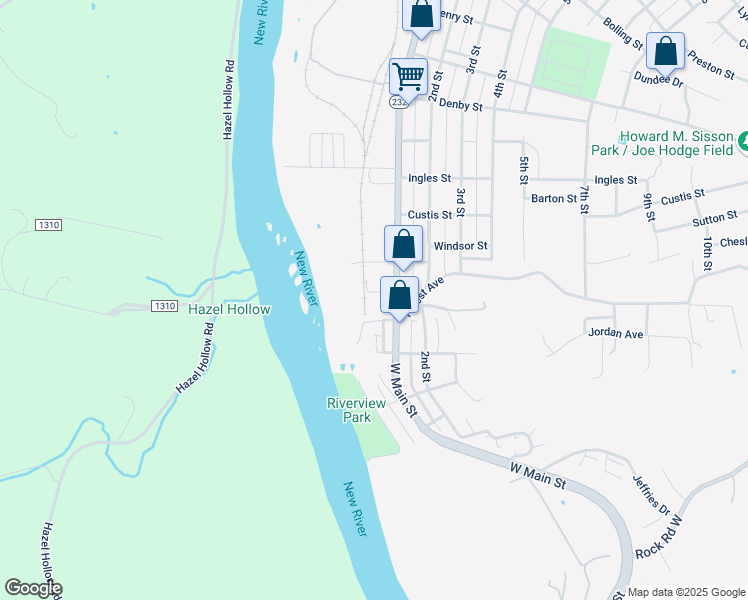 map of restaurants, bars, coffee shops, grocery stores, and more near 20 Montgomery Street in Radford