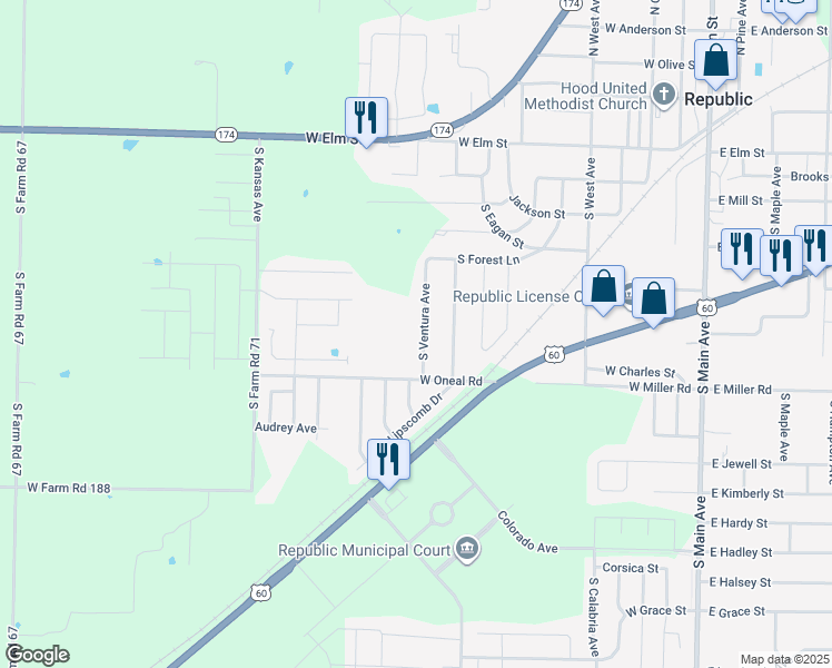 map of restaurants, bars, coffee shops, grocery stores, and more near 509 S Ventura Ave in Republic