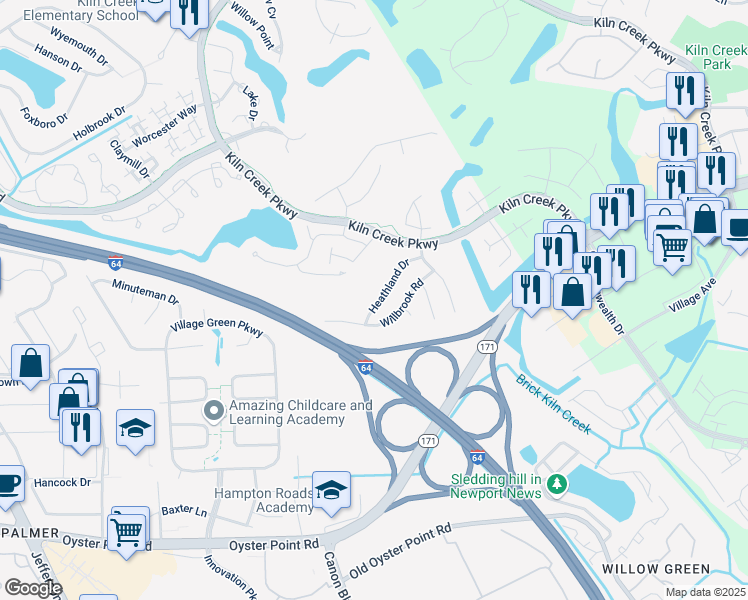 map of restaurants, bars, coffee shops, grocery stores, and more near 977 Heathland Drive in Newport News