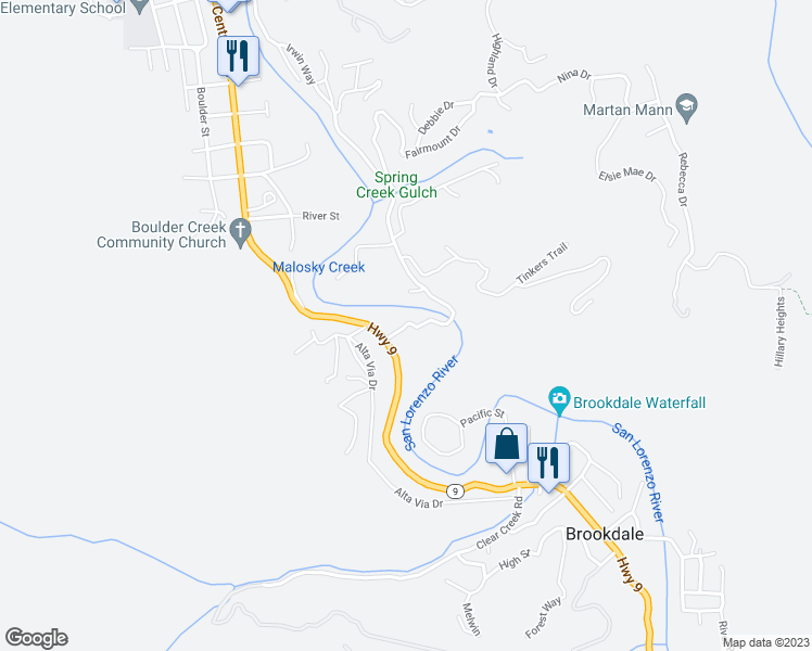 map of restaurants, bars, coffee shops, grocery stores, and more near 12100 Irwin Way in Boulder Creek
