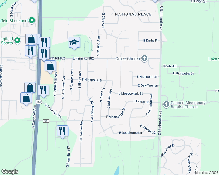 map of restaurants, bars, coffee shops, grocery stores, and more near 5529 South Dollison Avenue in Springfield