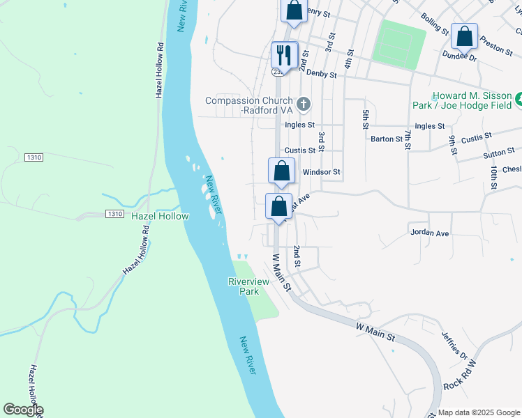 map of restaurants, bars, coffee shops, grocery stores, and more near 19 Montgomery Street in Radford