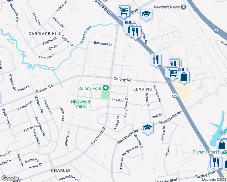 map of restaurants, bars, coffee shops, grocery stores, and more near 162 Melville Drive in Newport News