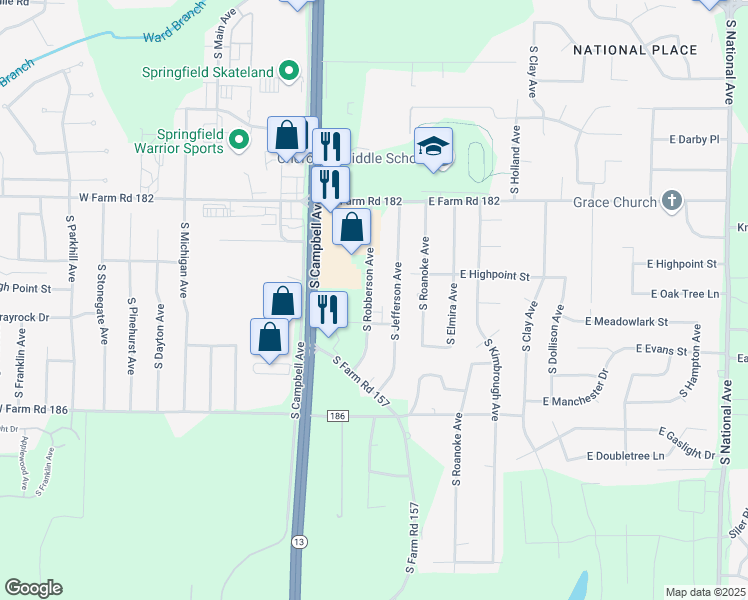 map of restaurants, bars, coffee shops, grocery stores, and more near 5580 South Robberson Avenue in Springfield