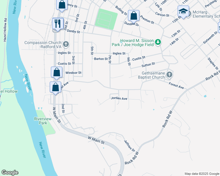 map of restaurants, bars, coffee shops, grocery stores, and more near 2111 7th St in Radford