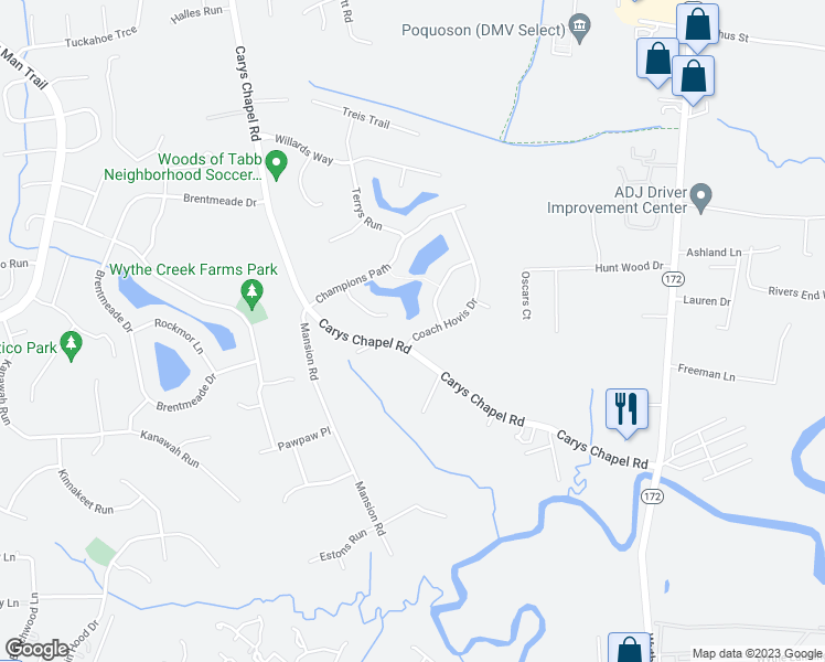map of restaurants, bars, coffee shops, grocery stores, and more near 103 Coach Hovis Drive in Yorktown