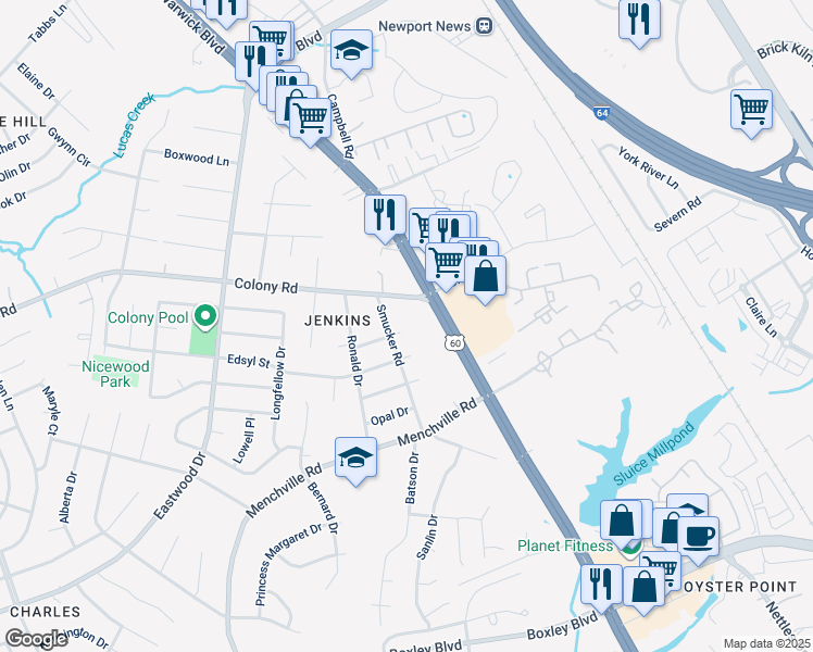 map of restaurants, bars, coffee shops, grocery stores, and more near 92 Cindy Circle in Newport News