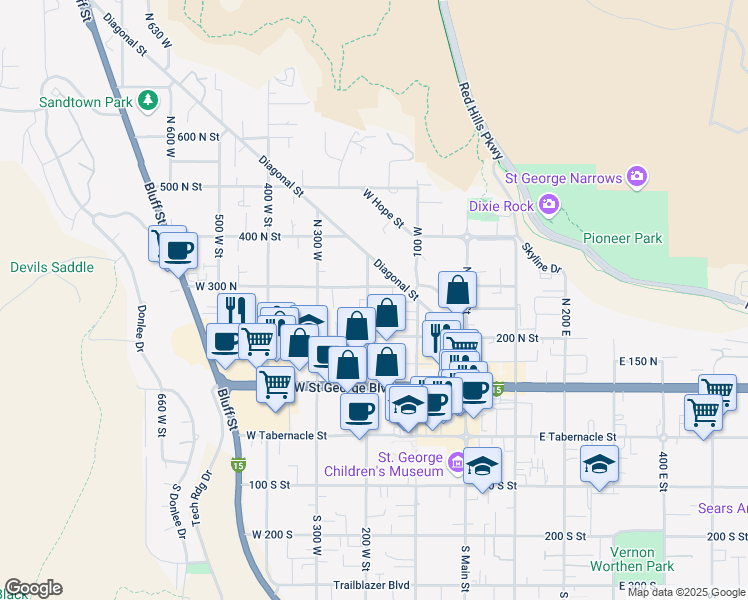 map of restaurants, bars, coffee shops, grocery stores, and more near 278 North 200 West in St. George