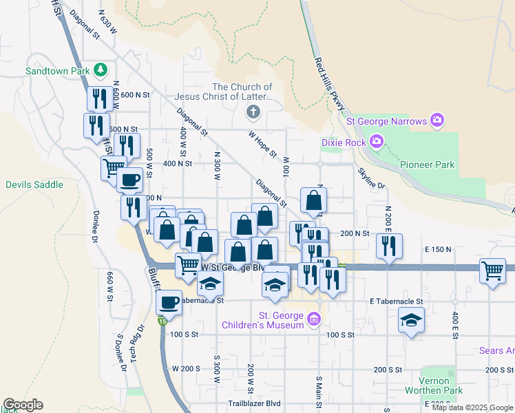 map of restaurants, bars, coffee shops, grocery stores, and more near 278 North 200 West in St. George