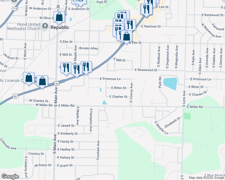 map of restaurants, bars, coffee shops, grocery stores, and more near 520 East Ritter Street in Republic