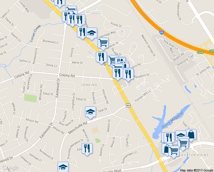 map of restaurants, bars, coffee shops, grocery stores, and more near 92 Cindy Circle in Newport News