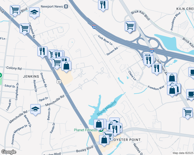 map of restaurants, bars, coffee shops, grocery stores, and more near 552 Live Oak Lane in Newport News