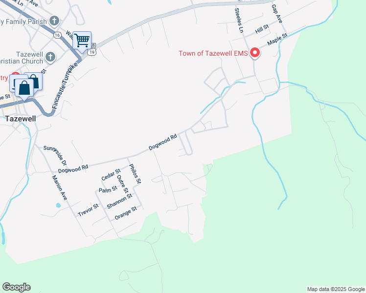 map of restaurants, bars, coffee shops, grocery stores, and more near 176 Ashwood Drive in Tazewell