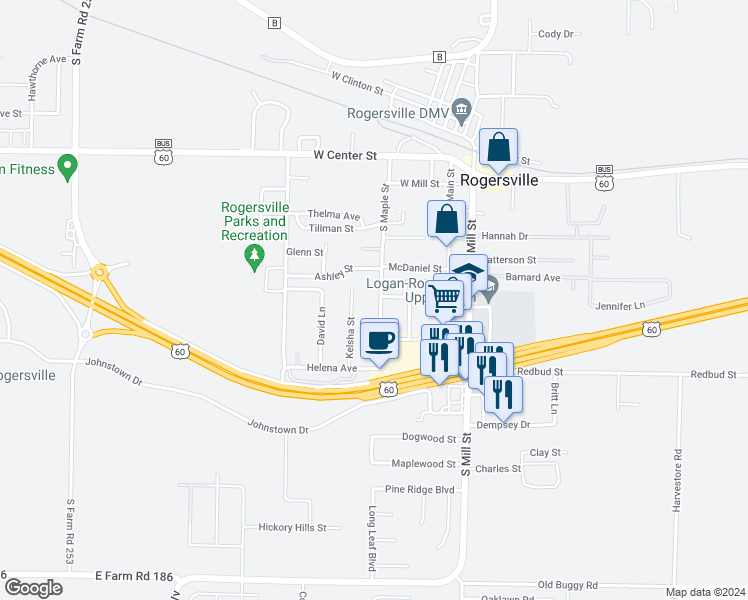 map of restaurants, bars, coffee shops, grocery stores, and more near 308 Kelsha St in Rogersville