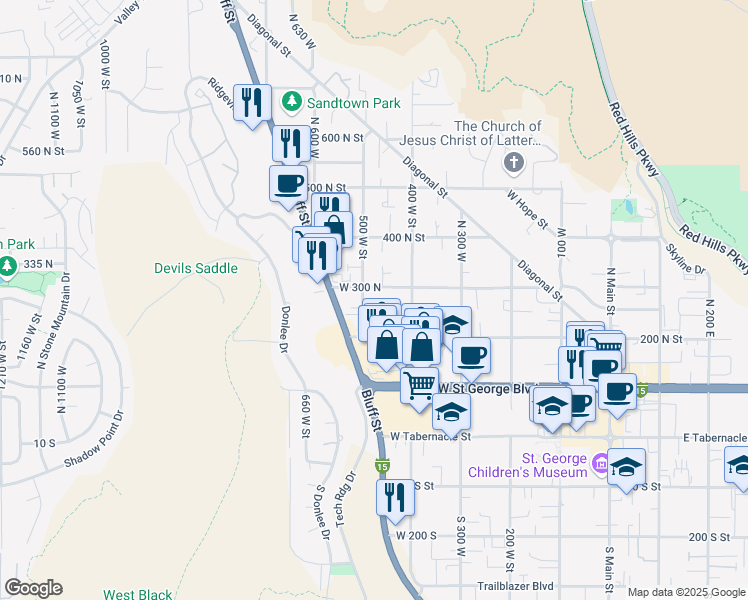 map of restaurants, bars, coffee shops, grocery stores, and more near 280 500 West Street in St. George