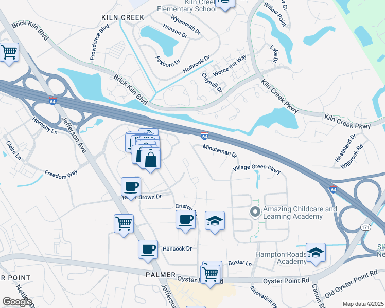map of restaurants, bars, coffee shops, grocery stores, and more near 566 Crown Point Drive in Newport News