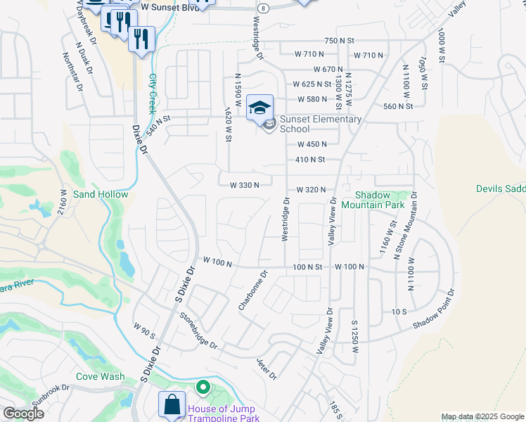 map of restaurants, bars, coffee shops, grocery stores, and more near 1610 West 100 North in St. George