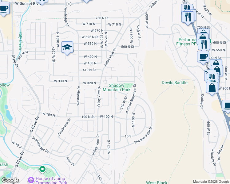 map of restaurants, bars, coffee shops, grocery stores, and more near 298 North 1210 West in Saint George