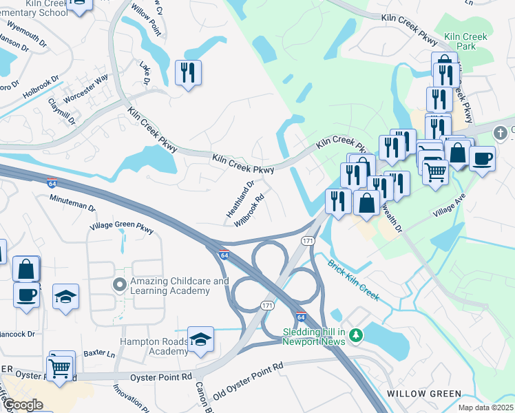 map of restaurants, bars, coffee shops, grocery stores, and more near 944 Willbrook Road in Newport News