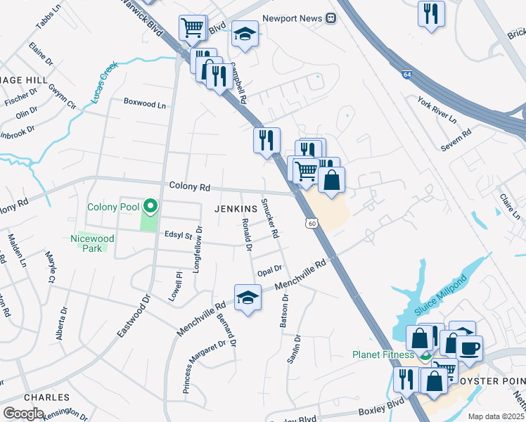 map of restaurants, bars, coffee shops, grocery stores, and more near 41 Smucker Road in Newport News