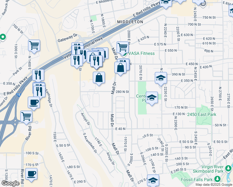 map of restaurants, bars, coffee shops, grocery stores, and more near 210 North Mall Drive in St. George