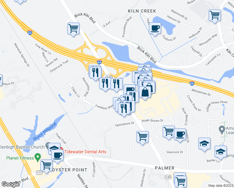 map of restaurants, bars, coffee shops, grocery stores, and more near 12259 Hornsby Lane in Newport News