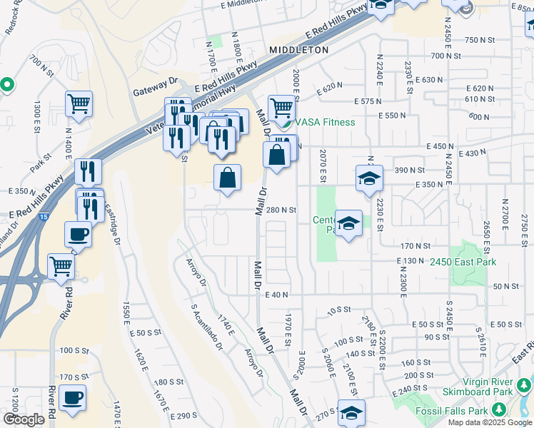 map of restaurants, bars, coffee shops, grocery stores, and more near 210 North Mall Drive in St. George