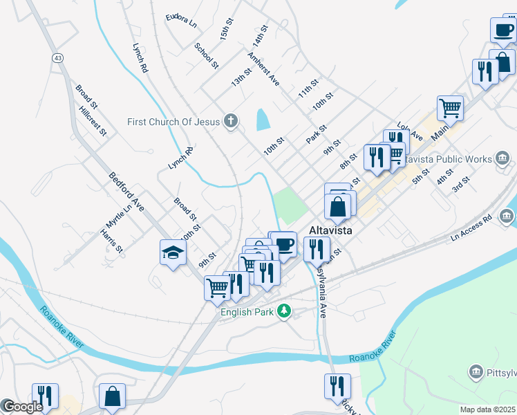 map of restaurants, bars, coffee shops, grocery stores, and more near 606 9th Street in Altavista