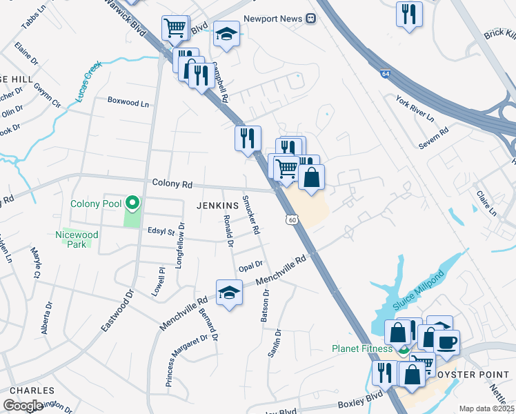 map of restaurants, bars, coffee shops, grocery stores, and more near 41 Smucker Road in Newport News