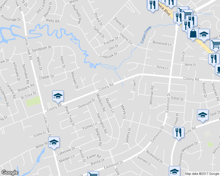 map of restaurants, bars, coffee shops, grocery stores, and more near 283 Colony Road in Newport News