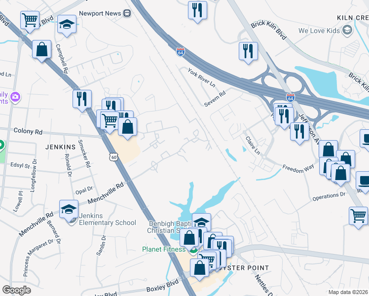 map of restaurants, bars, coffee shops, grocery stores, and more near 552 Live Oak Lane in Newport News