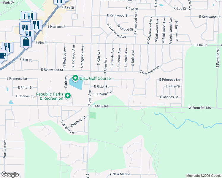 map of restaurants, bars, coffee shops, grocery stores, and more near 1301-1399 E Charles St in Republic