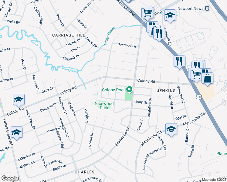 map of restaurants, bars, coffee shops, grocery stores, and more near 118 Whitman Road in Newport News