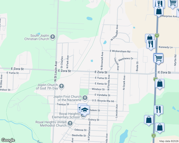 map of restaurants, bars, coffee shops, grocery stores, and more near 2298 East Zora Street in Joplin