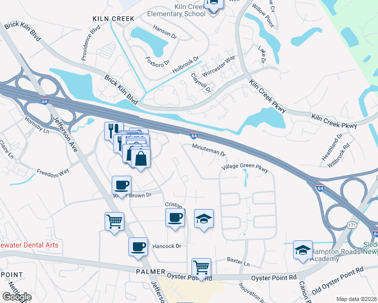 map of restaurants, bars, coffee shops, grocery stores, and more near 566 Crown Point Drive in Newport News