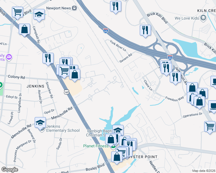 map of restaurants, bars, coffee shops, grocery stores, and more near 552 Live Oak Lane in Newport News