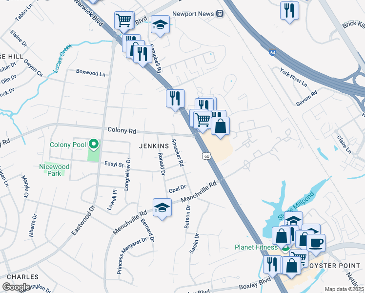 map of restaurants, bars, coffee shops, grocery stores, and more near 41 Smucker Road in Newport News