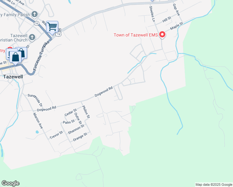 map of restaurants, bars, coffee shops, grocery stores, and more near 176 Ashwood Drive in Tazewell