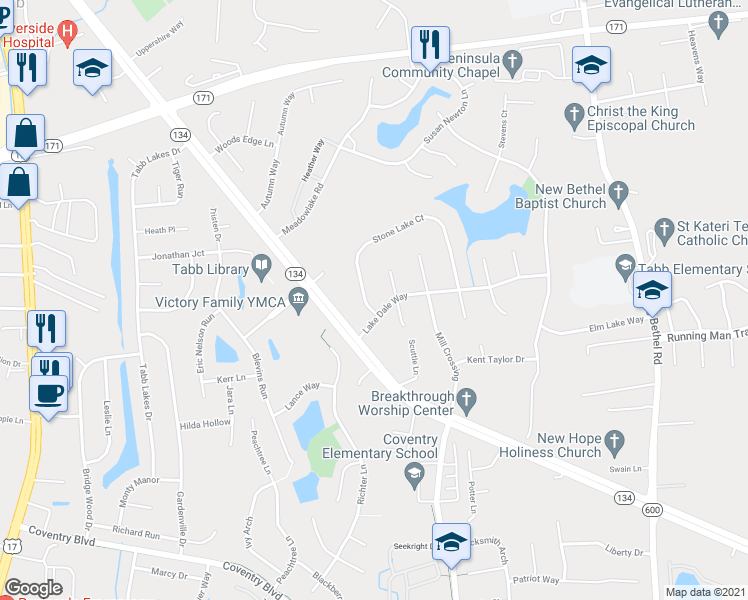 map of restaurants, bars, coffee shops, grocery stores, and more near 102 Stone Lake Court in Yorktown