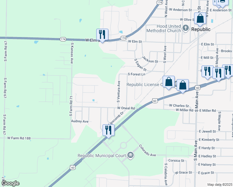 map of restaurants, bars, coffee shops, grocery stores, and more near 509 South Ventura Avenue in Republic
