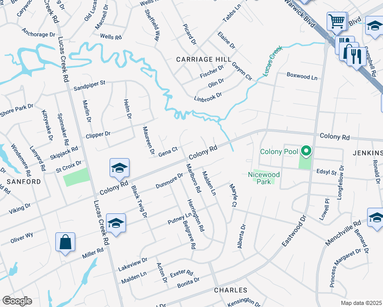 map of restaurants, bars, coffee shops, grocery stores, and more near 296 Colony Road in Newport News