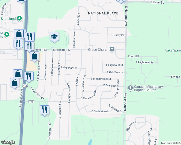 map of restaurants, bars, coffee shops, grocery stores, and more near 5551 South Hazel Drive in Springfield