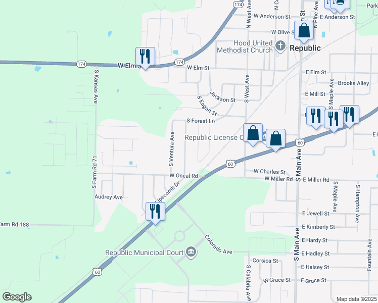 map of restaurants, bars, coffee shops, grocery stores, and more near 508 South Concordia Avenue in Republic