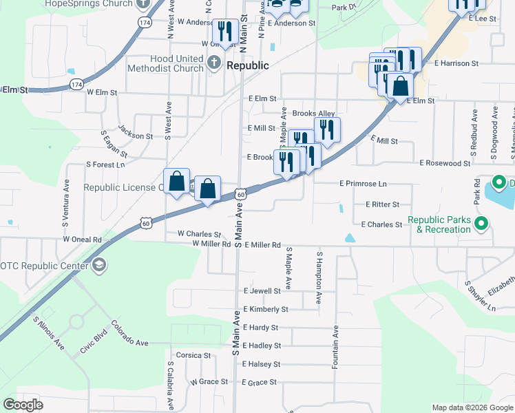 map of restaurants, bars, coffee shops, grocery stores, and more near 131 E Ritter St in Republic