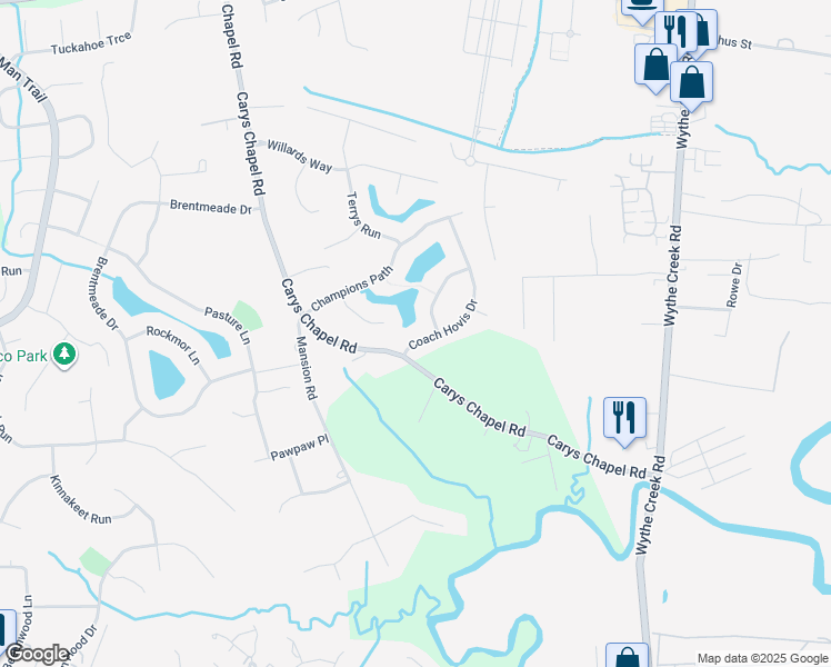 map of restaurants, bars, coffee shops, grocery stores, and more near 105 Coach Hovis Drive in Yorktown