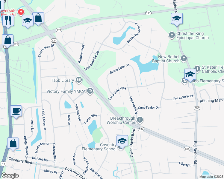 map of restaurants, bars, coffee shops, grocery stores, and more near 102 Stone Lake Court in Yorktown